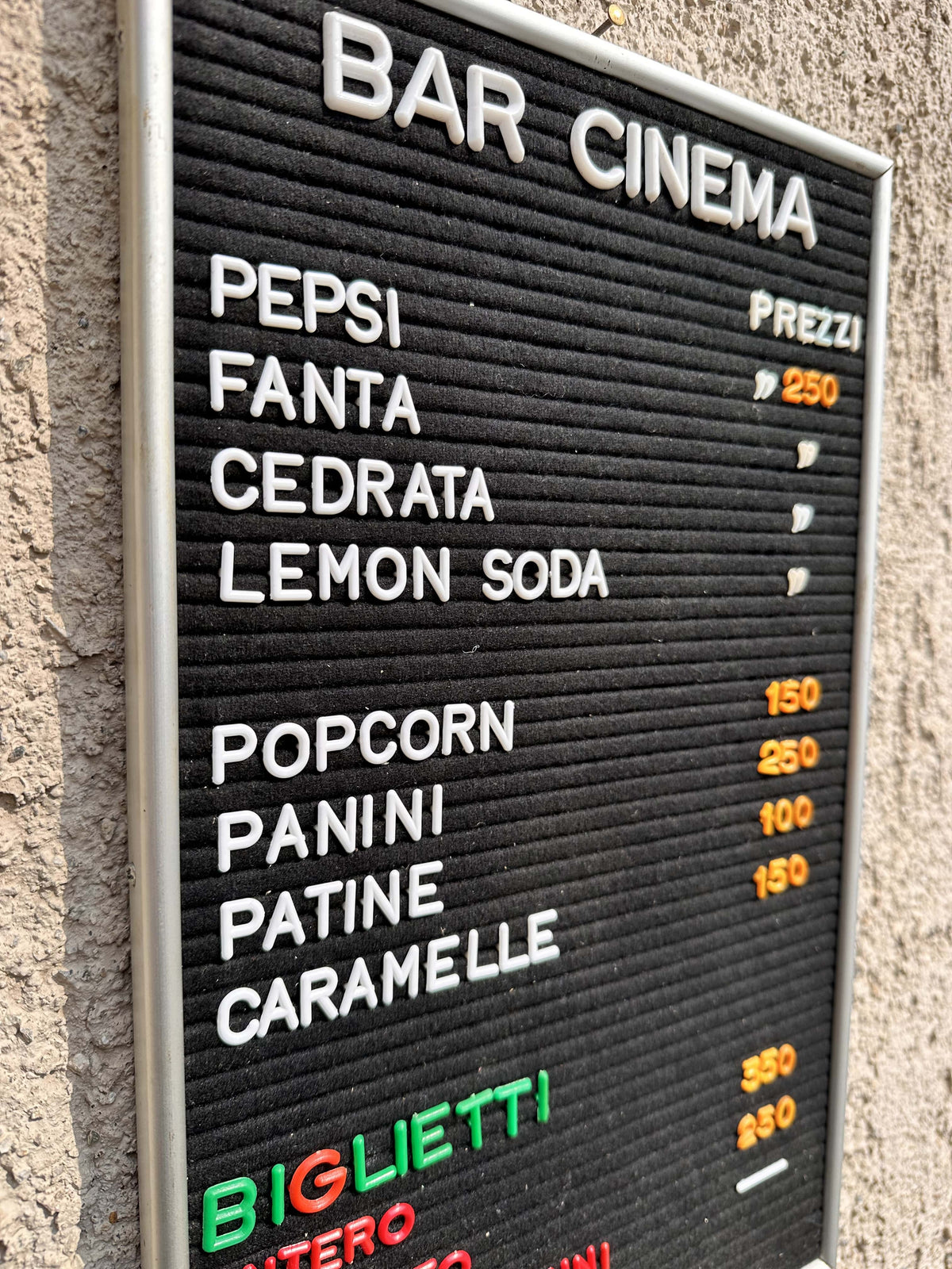 Listino prezzi - Bar cinema Clune