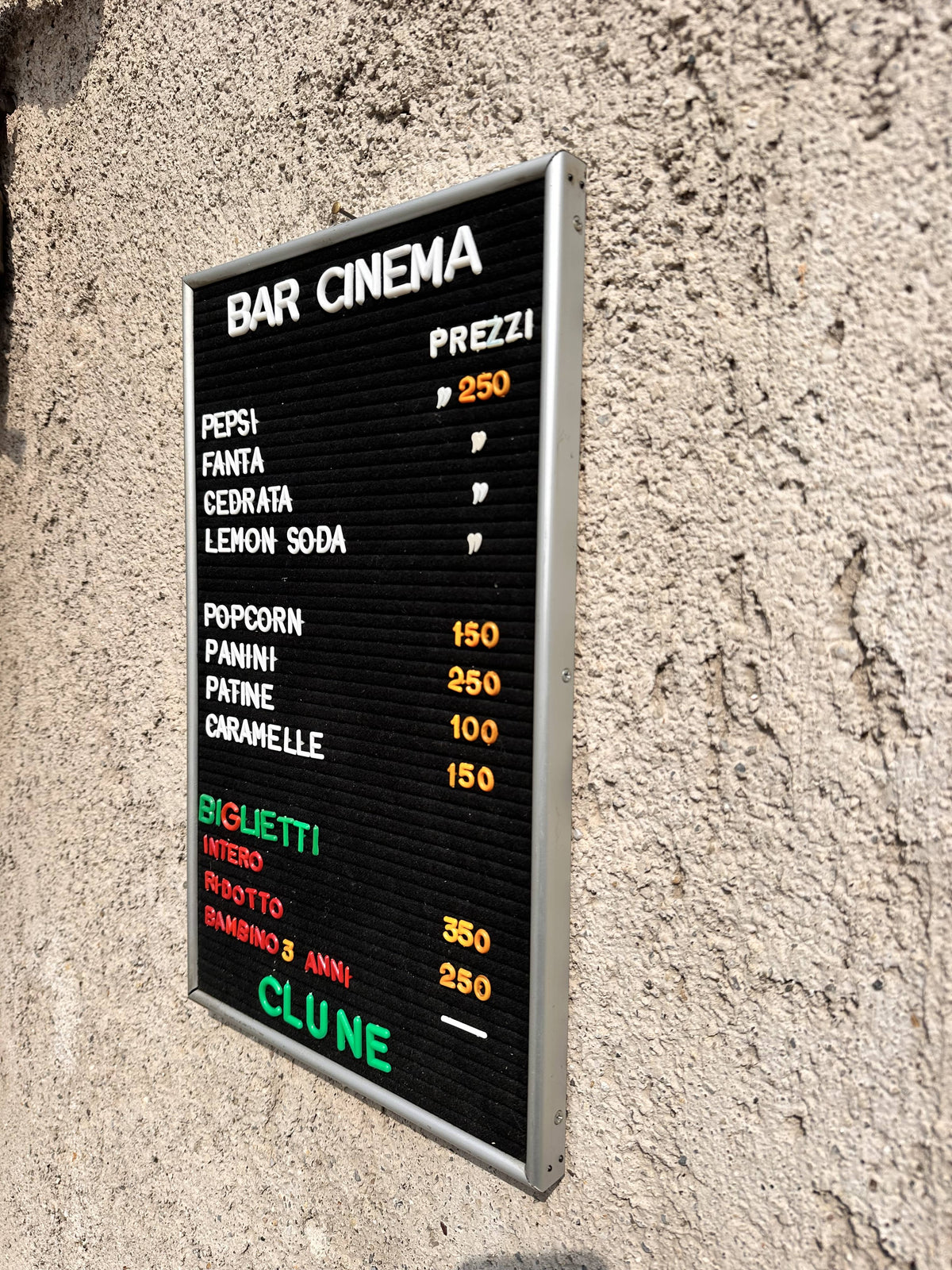 Listino prezzi - Bar cinema Clune