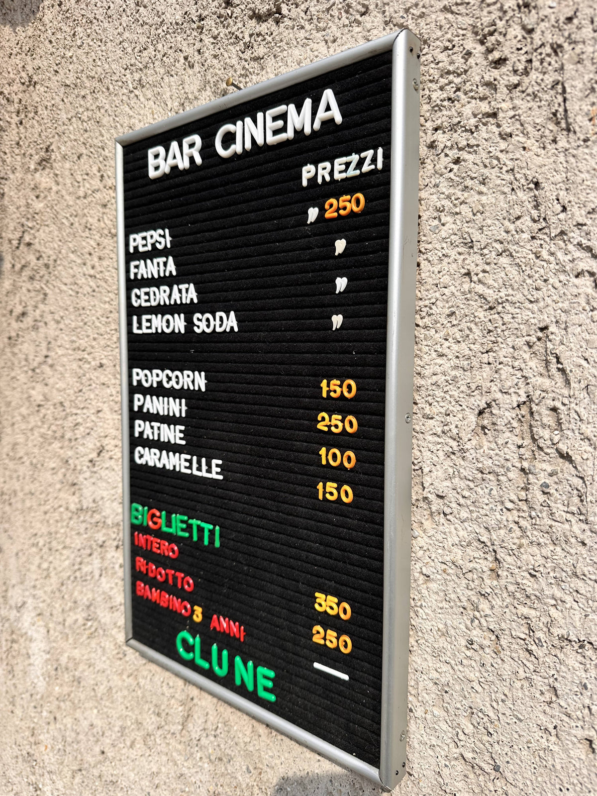 Listino prezzi - Bar cinema Clune