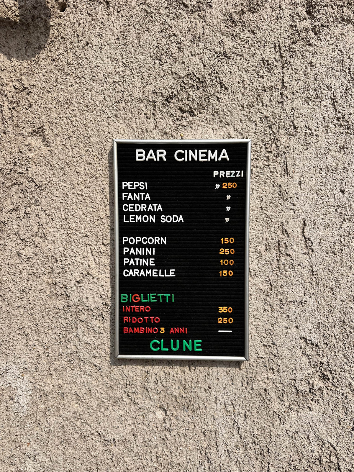 Listino prezzi - Bar cinema Clune