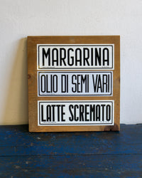 Insegne alimentari da bottega vintage su supporto in legno – Anni ’70