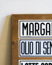 Insegne alimentari da bottega vintage su supporto in legno – Anni ’70