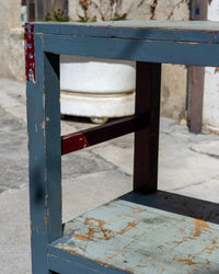 Grande tavolo scaffale industriale vintage in legno – 1970