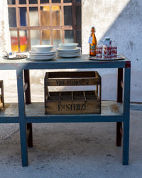 Grande tavolo scaffale industriale vintage in legno – 1970